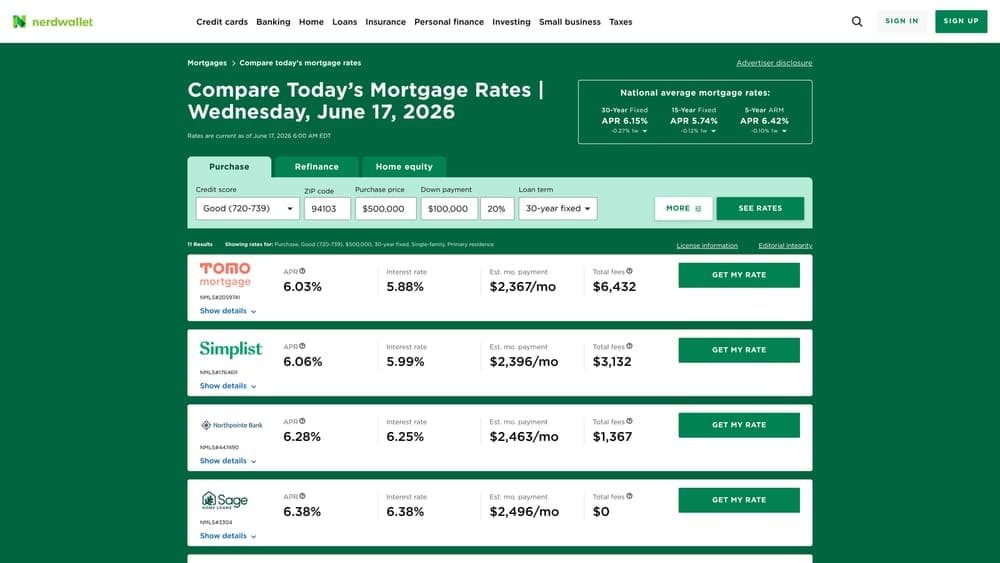 Screenshot of NerdWallet Mortgage Rates Tool website