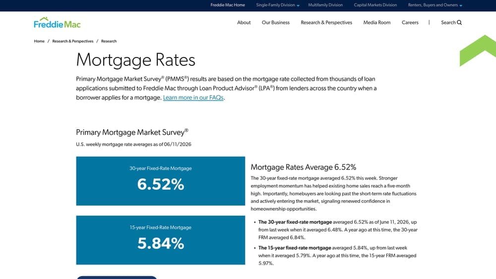 Screenshot of Freddie Mac Primary Mortgage Market Survey (PMMS) website