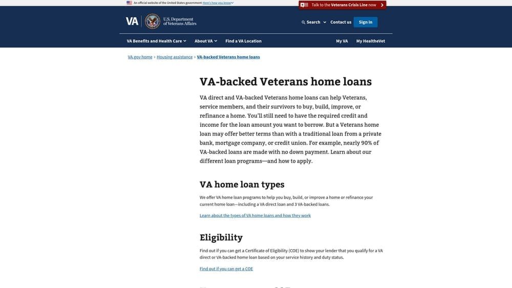 Screenshot of VA Loan Programs website