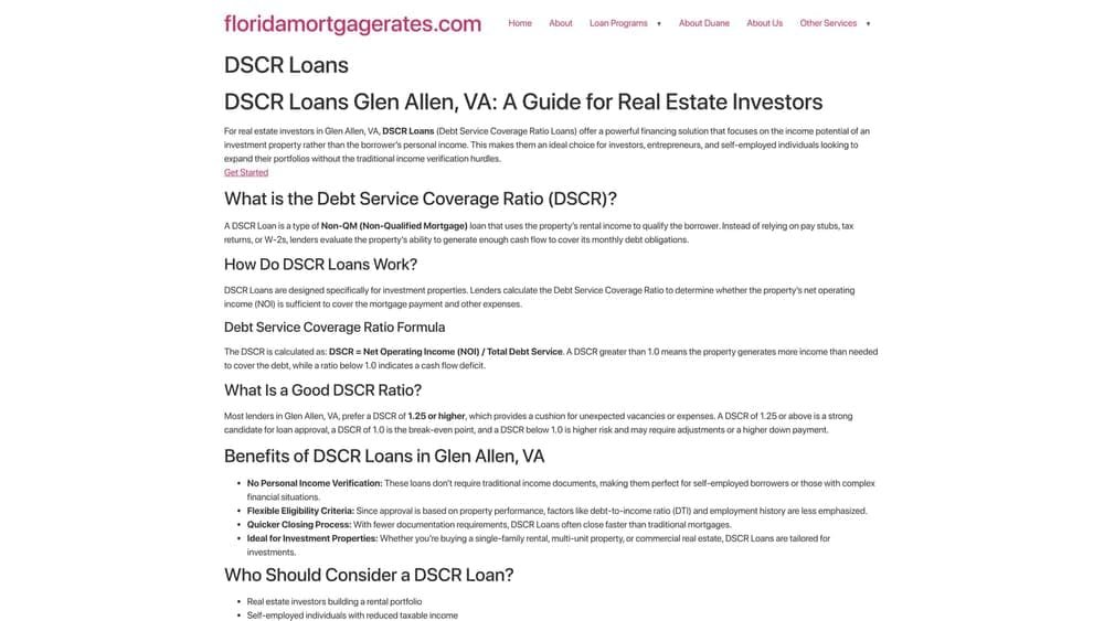 Screenshot of DSCR Loan Programs website