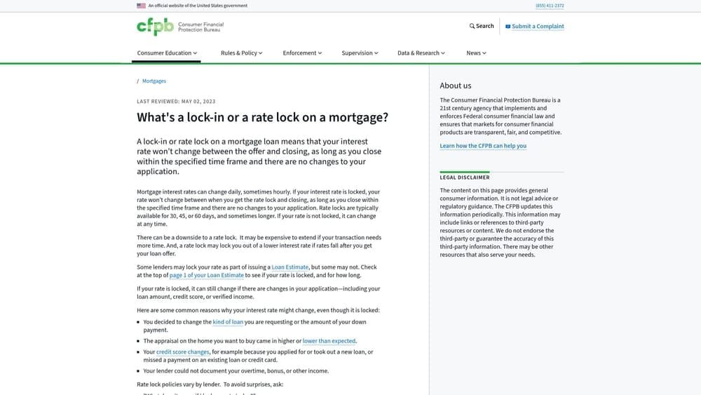 Screenshot of Float-Down Lock Options (CFPB) website