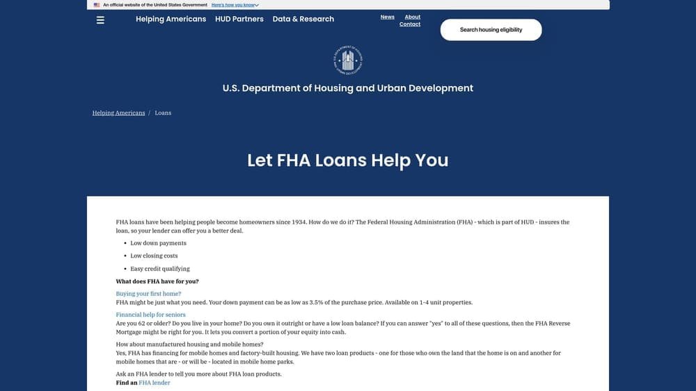 Screenshot of New Construction Loan Programs (HUD) website